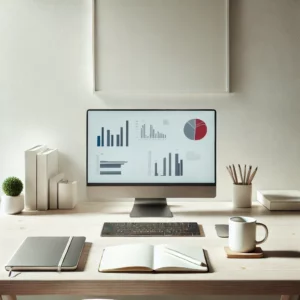 DALL·E 2025-07-15 13.32.31 – A minimal and clean workspace with no people, featuring business-style graphical elements. A simple desk holds a closed laptop, notebook, and clean co
